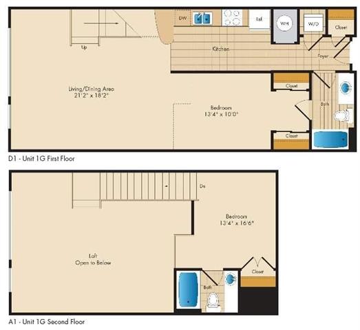 A floor plan of a two-story apartment with dimensions and room labels.