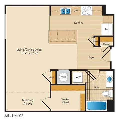 A floor plan of a apartment with a living/dining area, kitchen, and sleeping alcove.