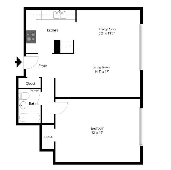 A floor plan of a small apartment with a kitchen, dining room, living room, bedroom, and bathroom.