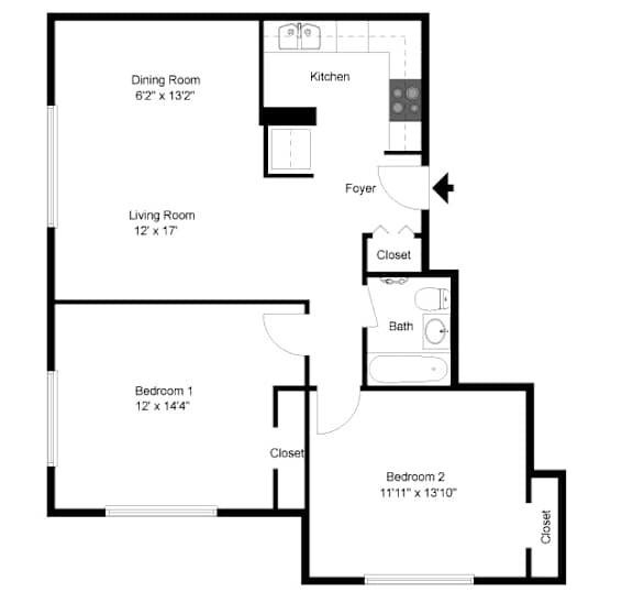 A floor plan of a home showing a living room, dining room, kitchen, and two bedrooms.