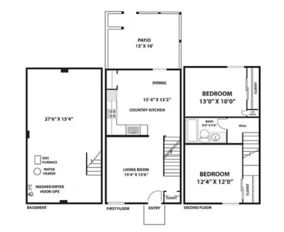 A floor plan of a two-story house with a garage and a living room on the first floor and a bedroom and a bathroom on the second floor.