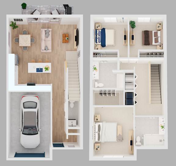 A floor plan of a house with a car parked in the garage.