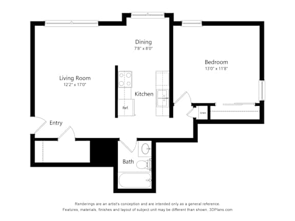 1bd 1bth B Floor Plan at Ames Lake Neighborhood Apartments, St. Paul, 55106