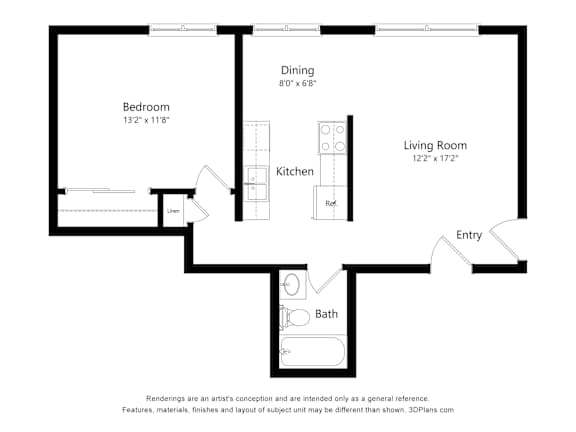 1bd 1bth A Floor Plan at Ames Lake Neighborhood Apartments, St. Paul, MN