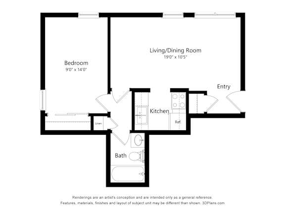 1bd 1bth Floor Plan at Ames Lake Neighborhood Apartments, St. Paul, MN, 55106