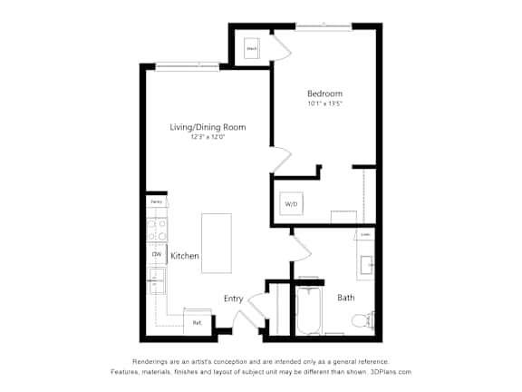 A floor plan of a small apartment with a living room, bedroom, kitchen, and bathroom.