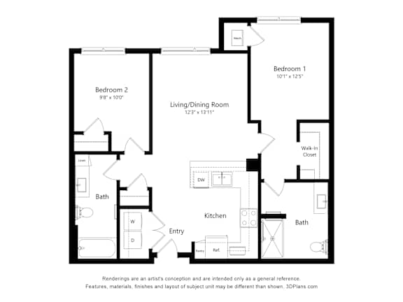 A black and white drawing of a house layout with two bathrooms, two bedrooms, a living/dining room, a kitchen, an entry, and a walk-in closet.