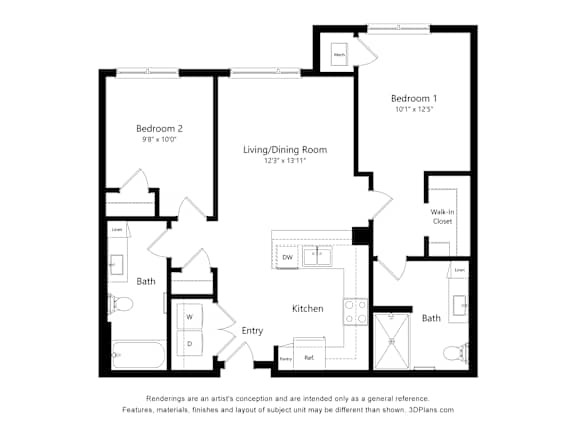 A floor plan of a house with two bathrooms, two bedrooms, a living/dining room, a kitchen, and an entry.