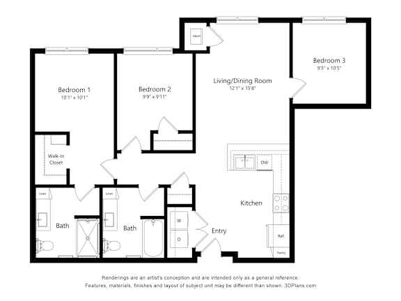 A black and white drawing of a house layout with three bedrooms and a living/dining room.