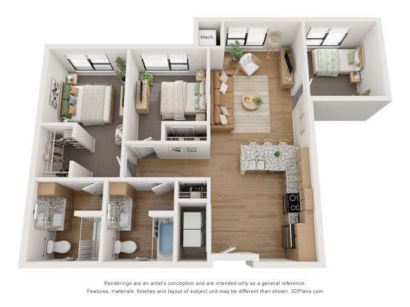 A 3D floor plan of a house with labeled rooms.