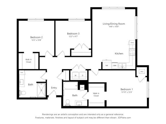 A black and white drawing of a house layout with a living/dining room, kitchen, and three bedrooms.