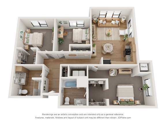 A 3D floor plan of a house with a kitchen, living room, and bathrooms.