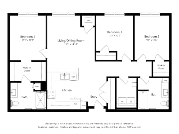 A floor plan of a house with three bedrooms, a living/dining room, a kitchen, two bathrooms, an entry, a laundry room, and a walk-in closet.