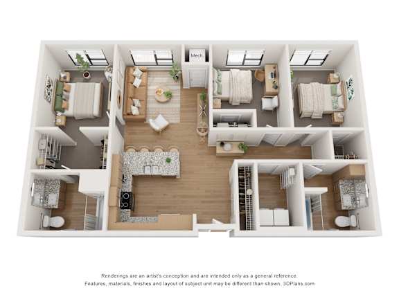 Floor Plan  A 3D floor plan of a house with a living room, dining room, kitchen, and two bedrooms.
