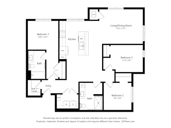 A floor plan of a house with three bedrooms, a living/dining room, a kitchen, an entry, and two bathrooms.