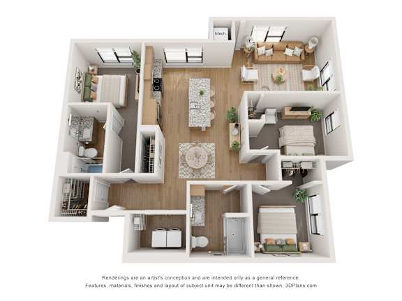 A 3D floor plan of a house with a kitchen, living room, dining room, and bedrooms.
