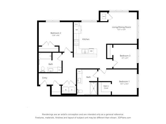 A black and white drawing of a house layout with a living/dining room, kitchen, three bedrooms, two bathrooms, and an entry.