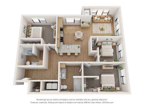 A 3D floor plan of a house with labeled rooms.