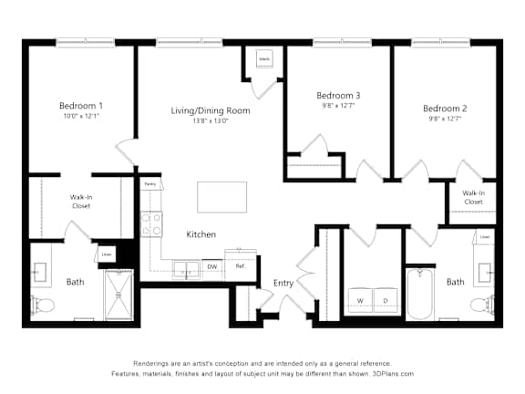 A floor plan of a house with three bedrooms, a living/dining room, a kitchen, two bathrooms, and an entry way.