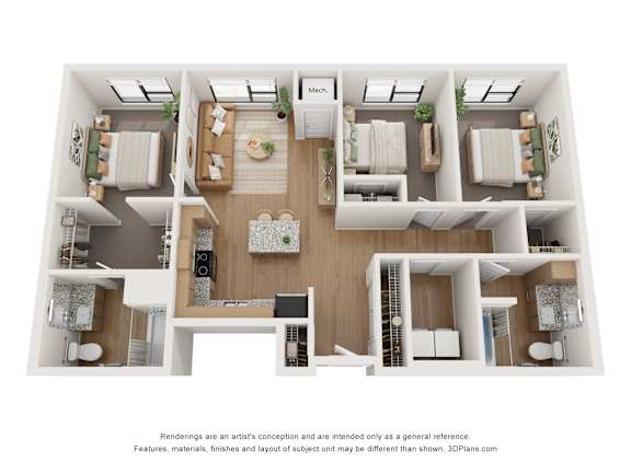 A 3D floor plan of a house with a kitchen, living room, and two bedrooms.