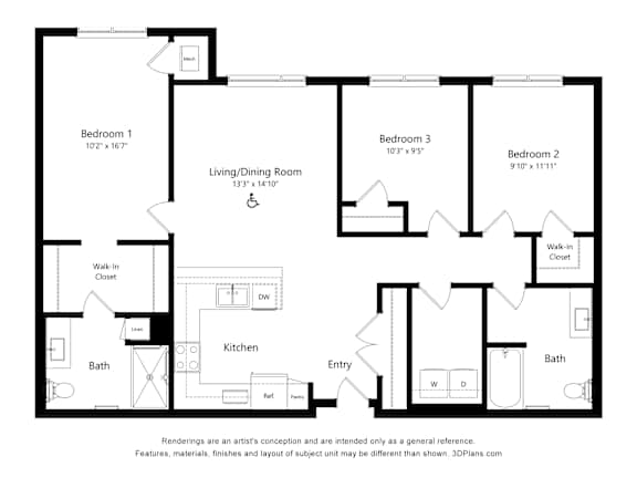 A black and white floor plan of a house with three bedrooms, a living/dining room, a kitchen, a bath, a walk-in closet, and an entry.