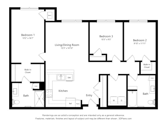 A black and white floor plan of a house with three bedrooms, a living/dining room, a kitchen, a bath, a walk-in closet, and an entry.