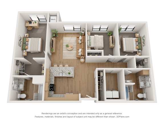 A 3D floor plan of a house with labeled rooms.