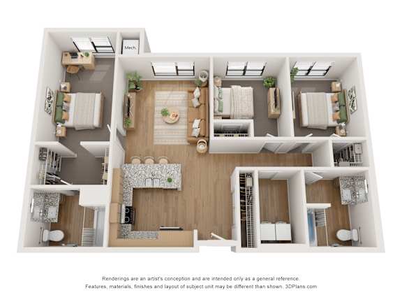 A 3D floor plan of a house with labeled rooms.