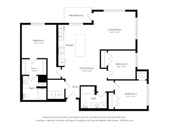 a floor plan of a bedroom apartment with flooring and an open concept floor plan