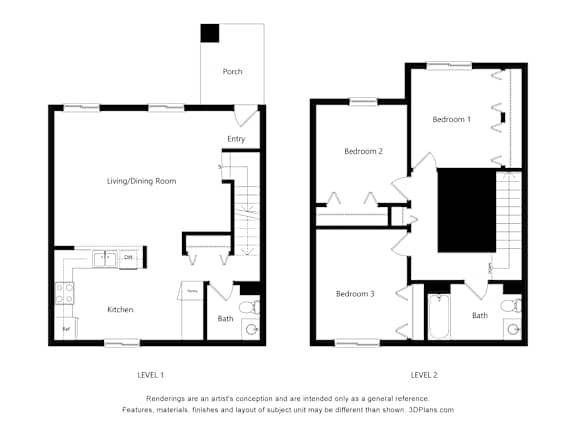 A floor plan of a two-story house with a living room, dining room, kitchen, and three bedrooms.