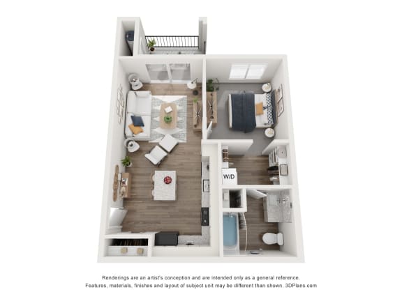 a stylized floor plan with a bedroom and a living room