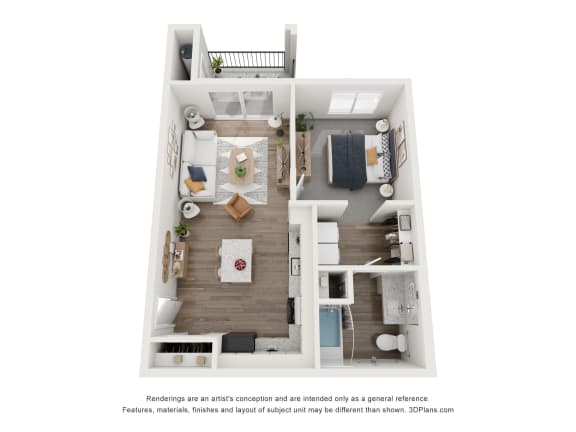 a stylized floor plan of a 1 bedroom with a bathroom and a living room