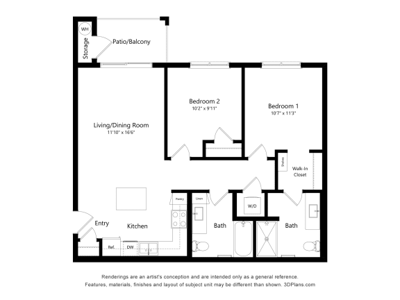 a floor plan of a bedroom apartment with an open floor plan