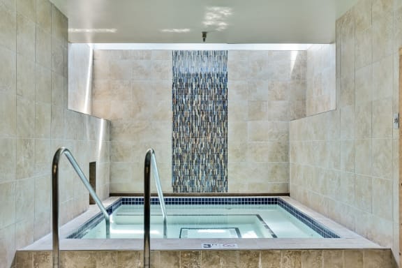 a large jacuzzi tub in a bathroom with a water feature