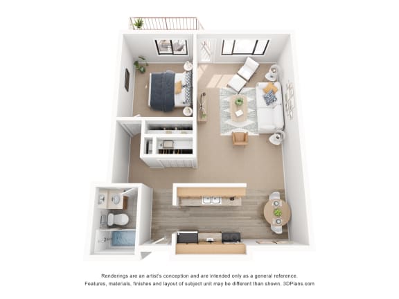 a stylized floor plan with a bedroom and a living room