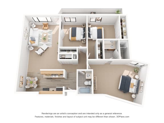 a stylized floor plan with a bedroom and living room