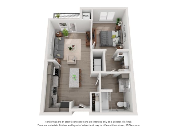 a stylized wheelchair accessible floor plan with a bedroom and a living room