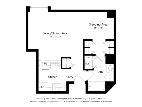 a floor plan of a unit with a bedroom and living room