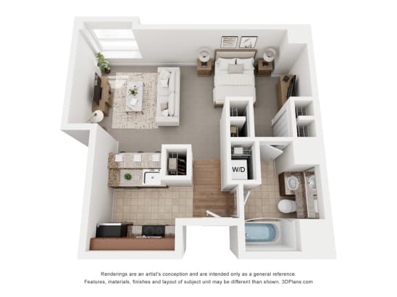 a stylized floor plan of a 1 bedroom apartment