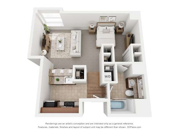 A 3D floor plan of a small apartment with a kitchen, living room, and bathroom.