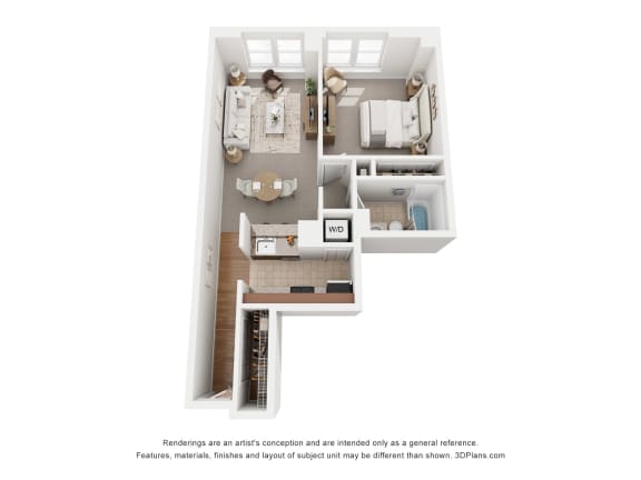 a stylized floor plan with a bedroom and a living room