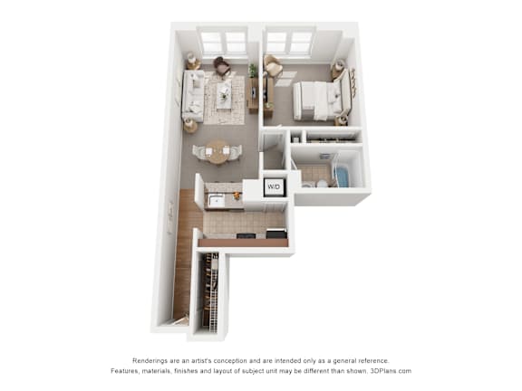 Floor Plan  A floor plan of a small apartment with a kitchen, living room, and bathroom.