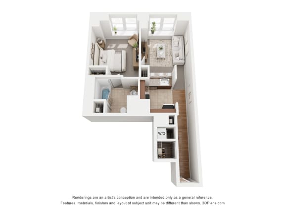 a stylized floor plan with a bedroom and a living room