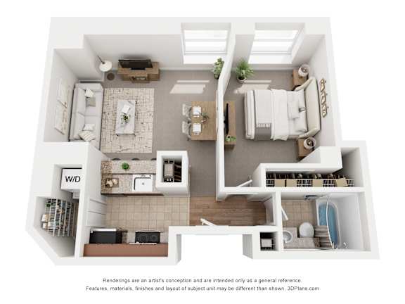 A 3D floor plan of a small apartment with a kitchen, living room, and bathroom.