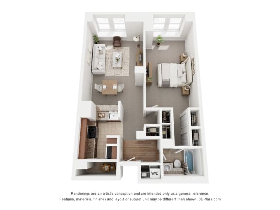 a stylized floor plan with a bedroom and living room