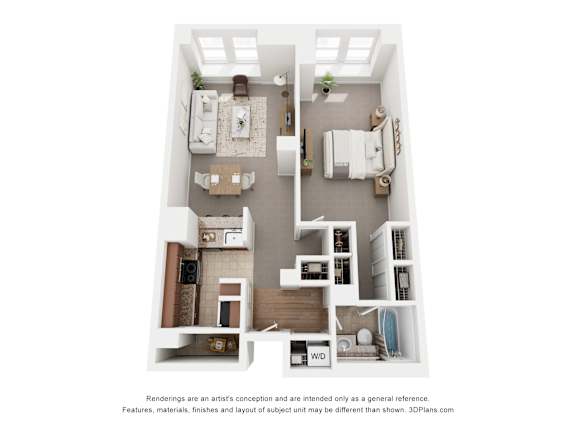 A 3D floor plan of a small apartment with a kitchen, living room, and bathroom.