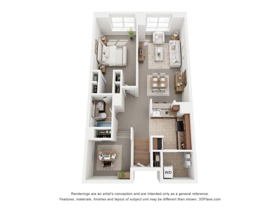 a stylized floor plan of a 1 bedroom apartment