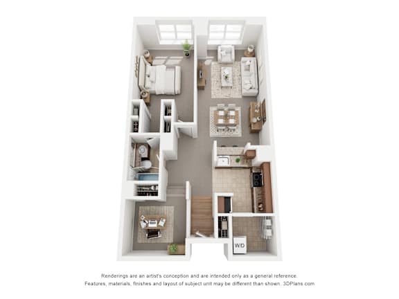 A 3D floor plan of a small apartment with a kitchen, living room, and bathroom.