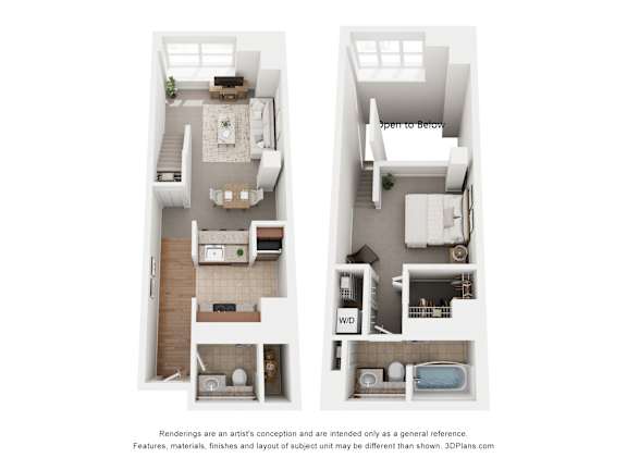 A floor plan of a two-bedroom apartment with a living room, kitchen, and bathrooms.