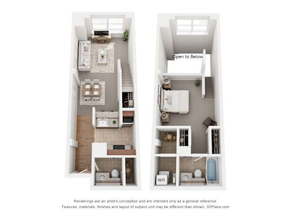 A floor plan of a two-story apartment with a living room, kitchen, and bathrooms.